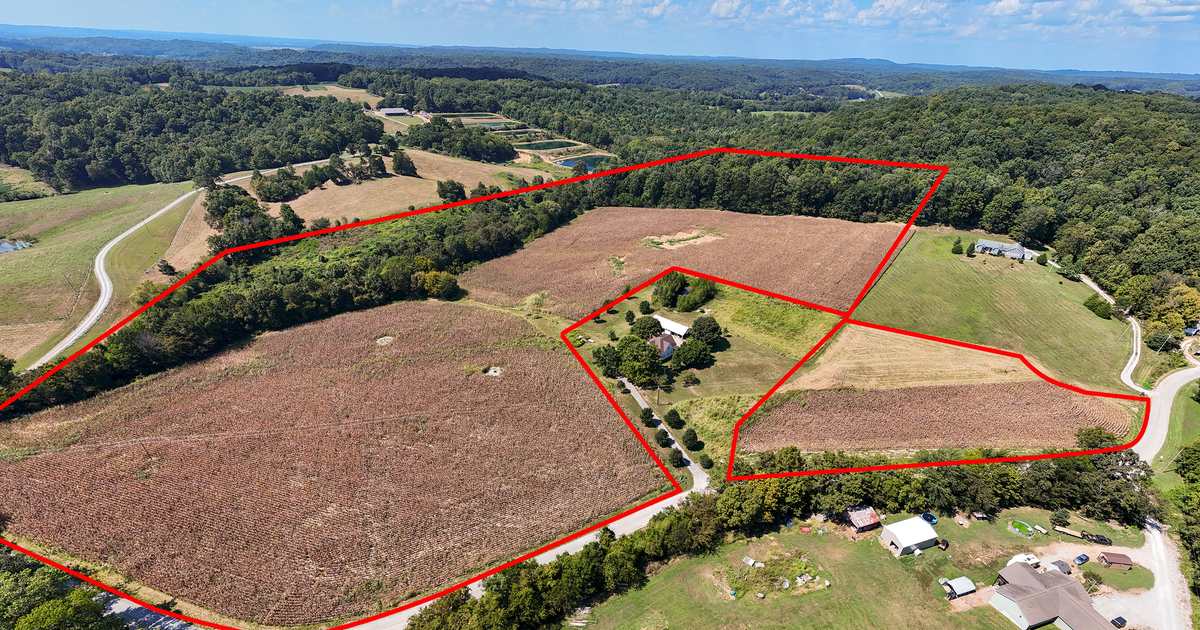 Aerial view of the 39.81-acre Berryville Road tract outside Jonesboro, IL, outlined in red, with open fields, tree lines and the rolling Southern Illinois hills on the horizon